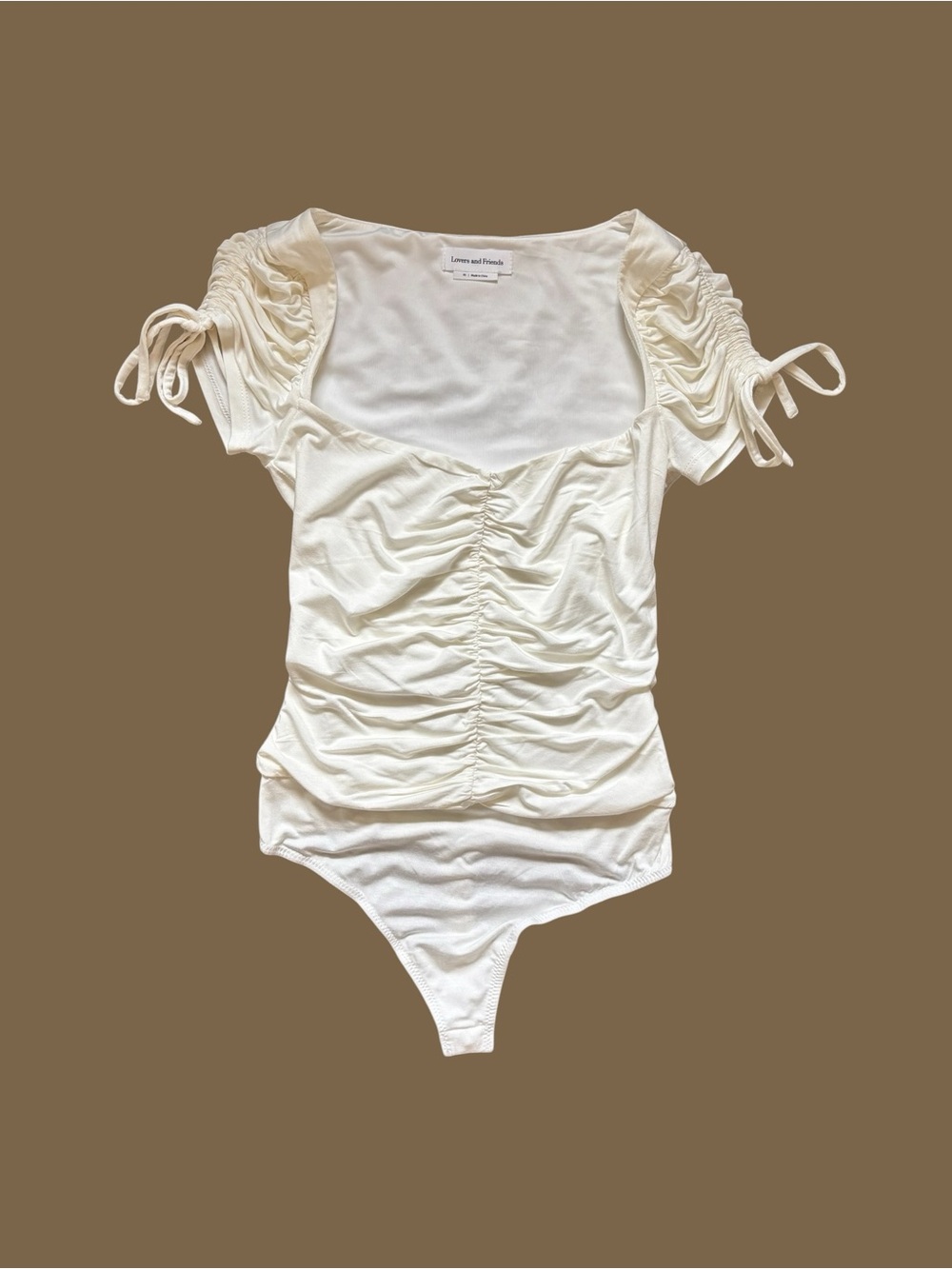 Lovers + Friends Cream Ruched Scoop-Neck Bodysuit with Tie Sleeves